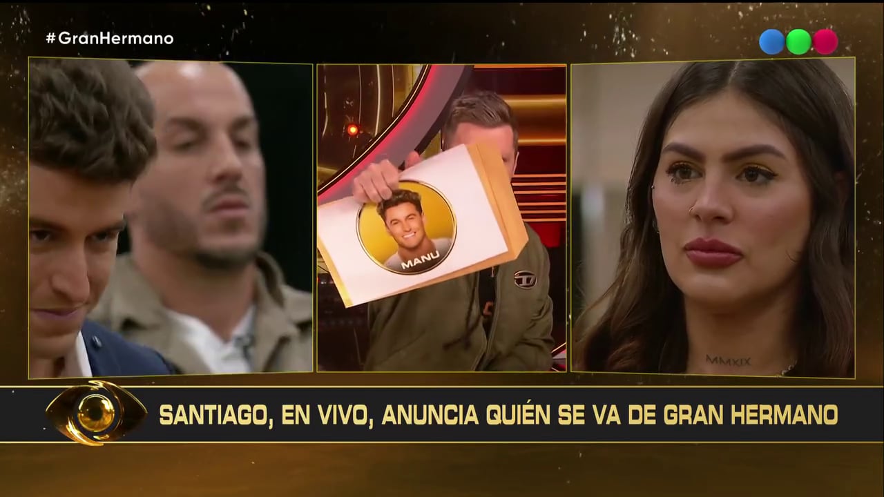 El asombro de Luana y la media sonrisa de Manu al recibir el anuncio de Santiago del Moro de la eliminación del jugador (Gran Hermano Generación Dorada, Telefe)