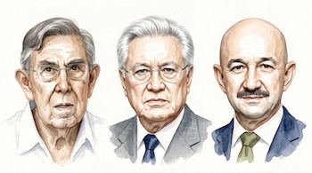 Tres retratos masculinos en acuarela sobre fondo blanco: dos con gafas y cabello cano, y uno con traje azul, bigote y calvicie.