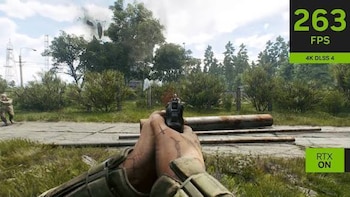 Vista en primera persona de un personaje apuntando una pistola en un campo, con un contador de 263 fotogramas por segundo en la pantalla
