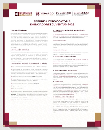Embajadores Juventud abrirá el registro para personas jóvenes de entre 12 y 29 años que residan en los 84 municipios del Estado de Hidalgo (gobierno de Hidalgo)