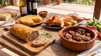 Mesa de madera con solomillo Wellington cortado, tortilla de patatas, cochinillo asado, cazuela con rabo de toro, pan y botellas de vino.