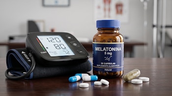 Un tensiómetro digital, un frasco de vidrio etiquetado como melatonina y diversas cápsulas y píldoras sobre una superficie de madera.