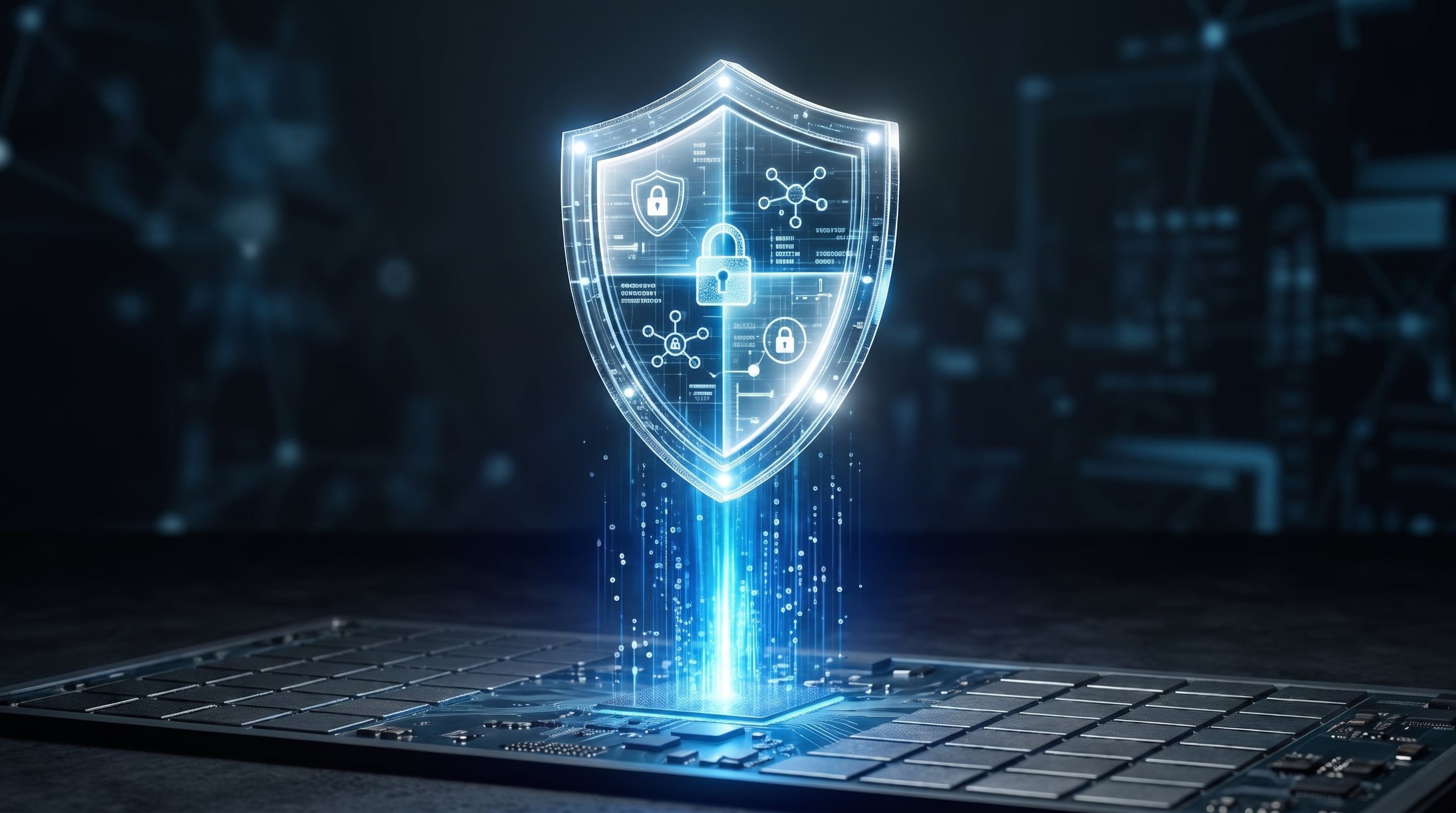 Un escudo de seguridad digital emerge de un chip, mostrando símbolos de protección y conectividad de datos. (Imagen Ilustrativa Infobae)