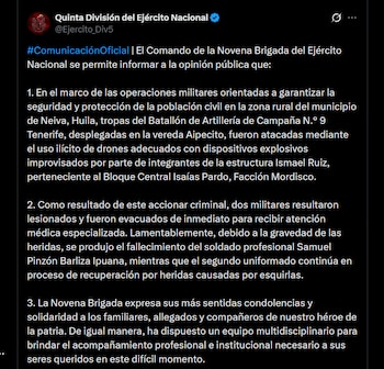 Soldado muerto en Huila