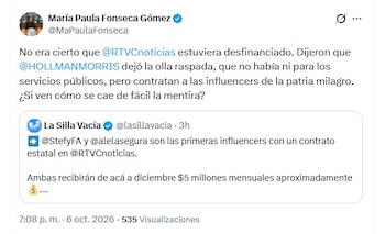 Desde la oposición, María Paula Fonseca también cuestionó los contratos y los contrastó con las denuncias oficiales sobre la situación financiera de Rtvc - crédito @MaPaulaFonseca/X