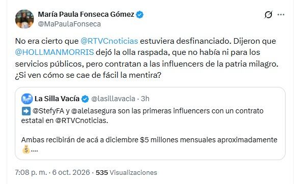 Desde la oposición, María Paula Fonseca también cuestionó los contratos y los contrastó con las denuncias oficiales sobre la situación financiera de Rtvc - crédito @MaPaulaFonseca/X