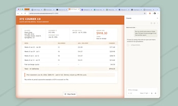 Captura de pantalla de navegador web con estado de cuenta de XYZ Courier CO, tabla de entregas y montos, junto a un asistente de IA