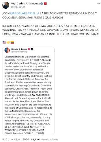 Carlos Giménez afirmó que Abelardo de la Espriella cuenta con apoyo en Washington para impulsar la economía - crédito @RepCarlos/X
