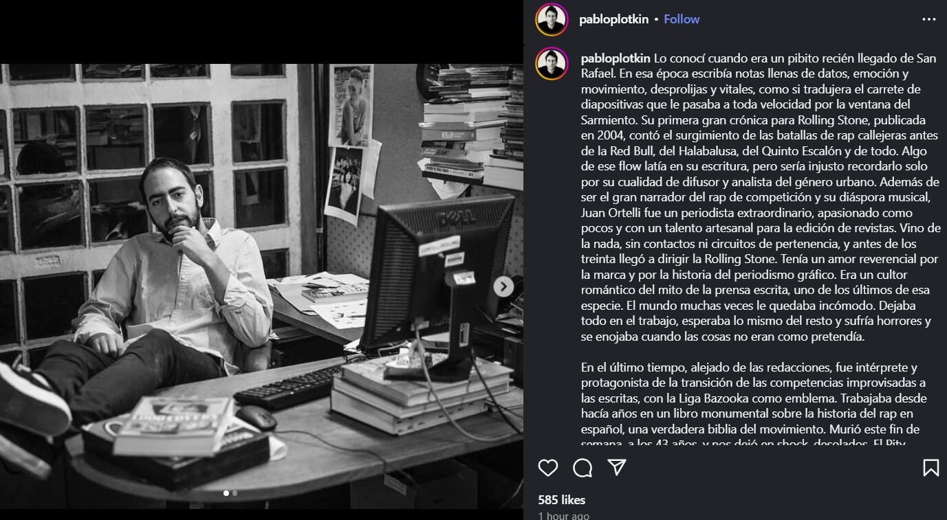 El emotivo posteo de Pablo Plotkin a raíz de la muerte de Ortelli