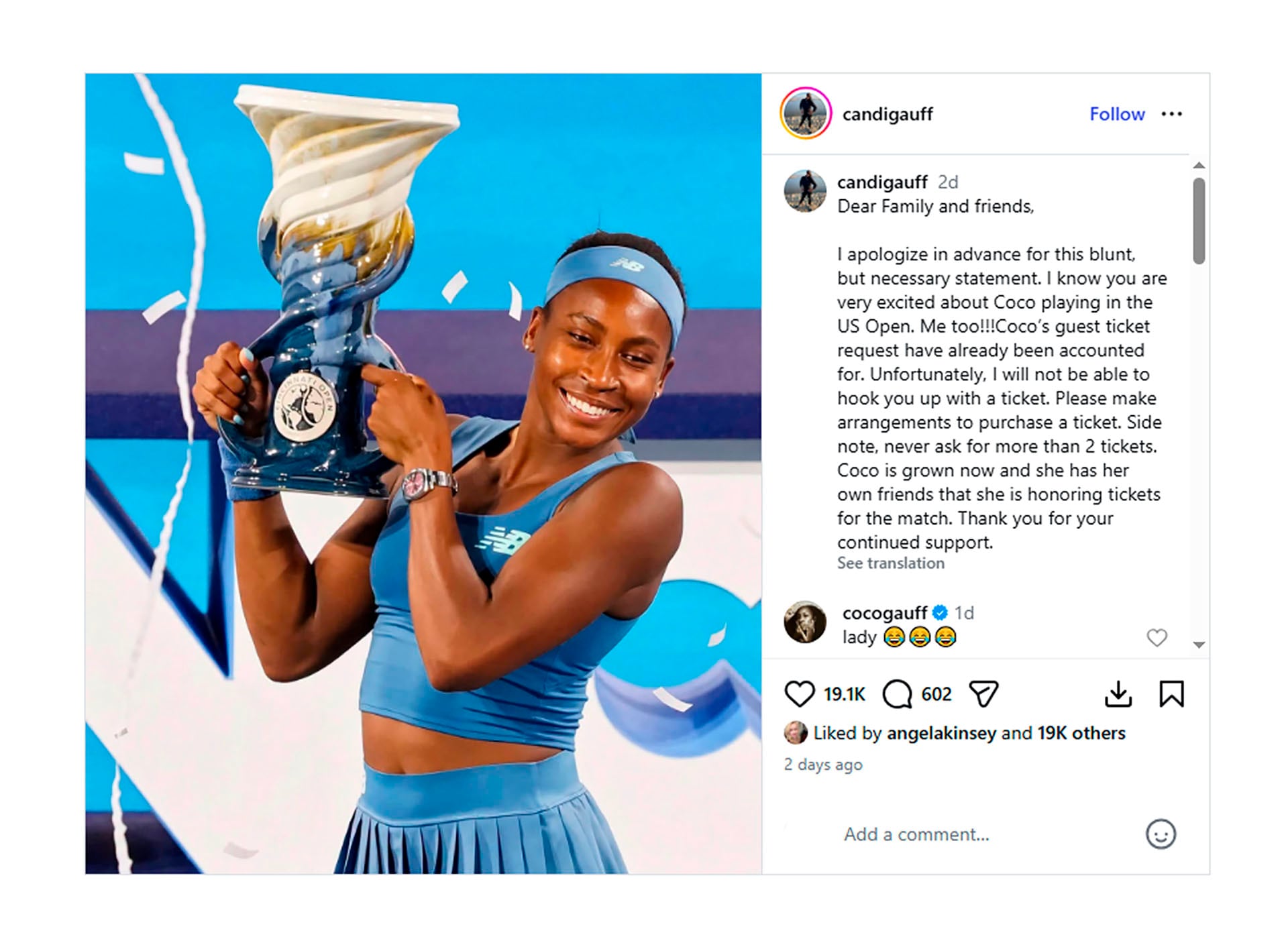 El mensajde Candi Gauff, mamá de la tenista estadounidense, explica en redes sociales que ya no hay entradas disponibles para acompañar a su hija en el Abierto de Estados Unidos.