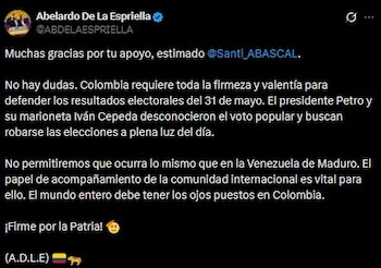 Abelardo De La Espriella agradeció el respaldo del líder de VOX, Santiago Abascal, y aseguró que Colombia debe “defender los resultados electorales del 31 de mayo” frente a intentos de desconocer la voluntad popular - crédito Abelardo de la Espriella/X