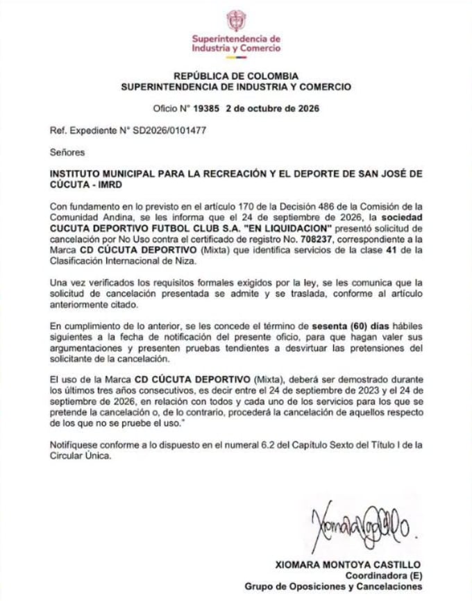 Esta es la carta de la Superintendencia de Industria y Comercio que alertó a la Alcaldía de Cúcuta por el no uso de la marca Cúcuta Deportivo - crédito @hinchacd1924/Instagram