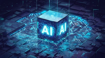 Un cubo azul brillante con las letras "AI" en sus caras se eleva sobre una superficie oscura de circuito electrónico, rodeado de líneas de luz azul