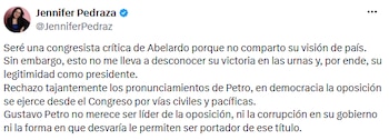Jennifer Pedraza reconoció legitimidad de Abelardo de la Espriella y rechazó las acusaciones de Gustavo Petro - crédito @JenniferPedraz/X
