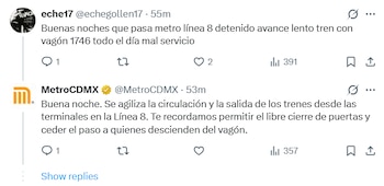 Línea 8 del Metro de CDMX con retrasos durante todo el día. Foto: X/@echegollen17.