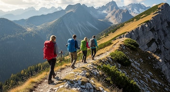 Cuatro excursionistas con mochilas coloridas y bastones de senderismo caminan por un sendero rocoso de montaña, con picos y valles cubiertos de pinos.