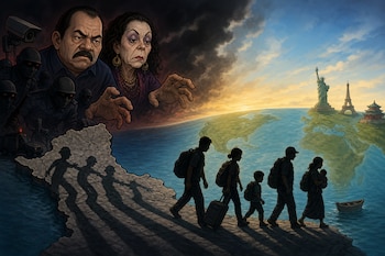 Dibujo con rostros de Daniel Ortega y Rosario Murillo, policías, sombras en un mapa y personas con mochilas caminando sobre el planeta Tierra.