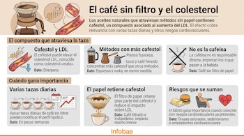 Infografía sobre el café y el colesterol con ilustraciones de una cafetera, una arteria, moléculas, tazas y un filtro de papel.