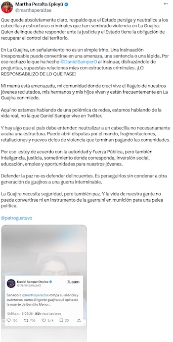 Martha Peralta responsabilizó a Daniel Samper Ospina por eventuales riesgos contra su familia - crédito @marthaperaltae/X