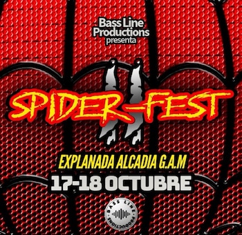 Cartel con el texto Spider-Fest II, la fecha 17 y 18 de octubre y la ubicación Explanada Alcaldía G.A.M. sobre un fondo rojo con trama de telaraña