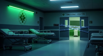 Pasillo de hospital vacío con paredes blancas y grises, varias camillas, una puerta semiabierta de emergencias y una cinta policial que la cruza, escudo institucional.