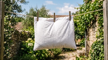 Almohada blanca sujeta con tres pinzas de madera en un tendedero exterior rodeado de vegetación.