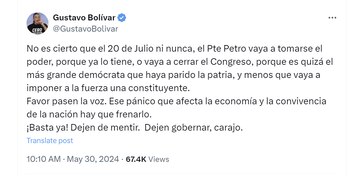 Gustavo Bolívar aseguró que el presidente Gustavo Petro no impondrá a la fuerza una constituyente - crédito @GustavoBolivar/X