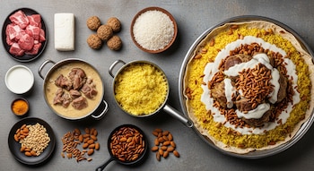 Cordero crudo, jameed, bolas de jameed, leche, cúrcuma, arroz, piñones, almendras, cacerolas con cordero cocido y arroz, y un plato grande de mansaf.