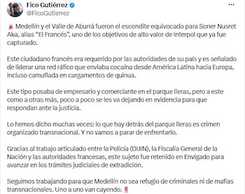 Alcalde de Medellín confirmó captura de extranjero por narcotráfico - crédito @FicoGutierrez/X