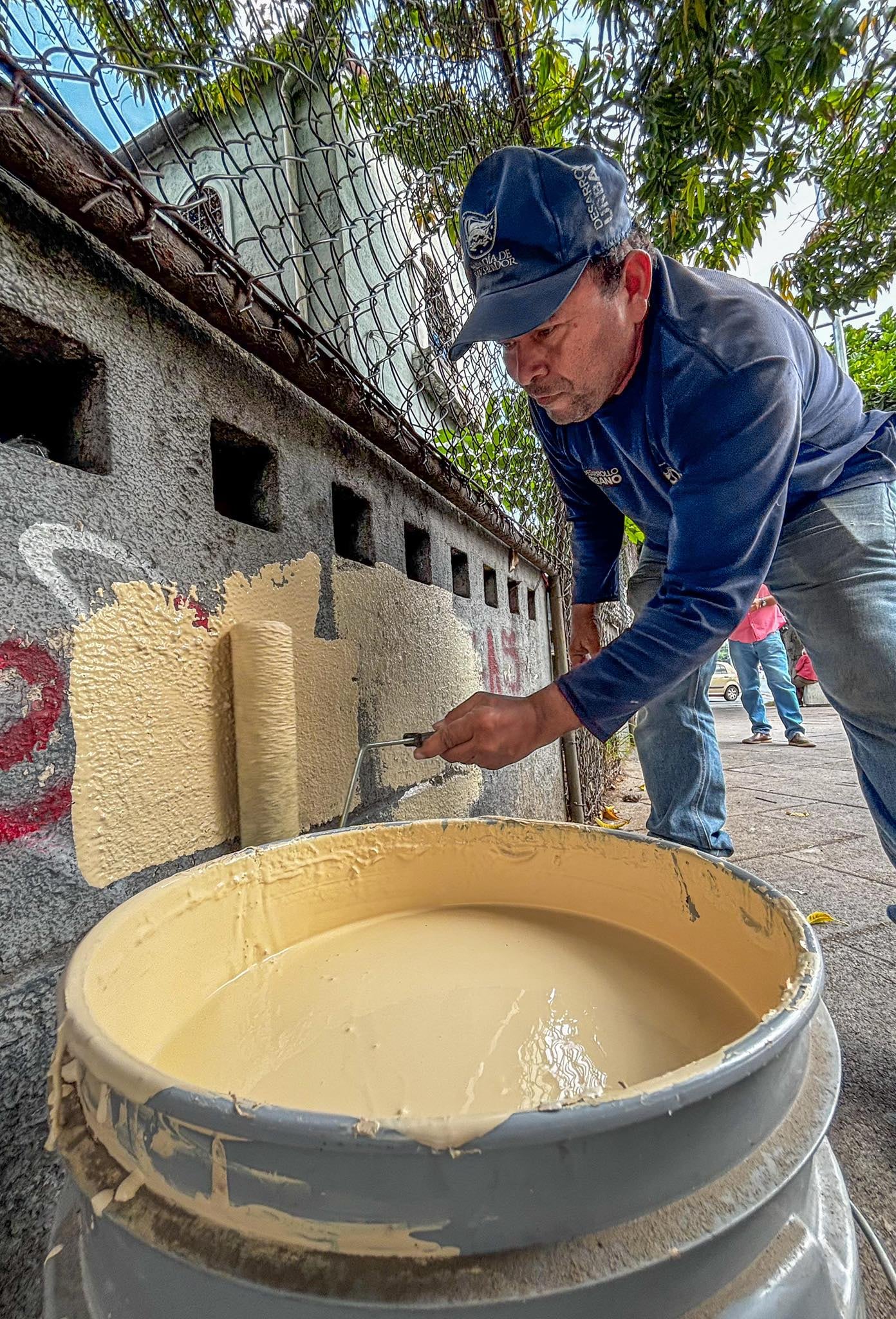 El operativo de restauración emplea rodillos y brochas para reparar superficies públicas y privadas afectadas por pintas y daños materiales. (Cortesía: Alcaldía de San Salvador)