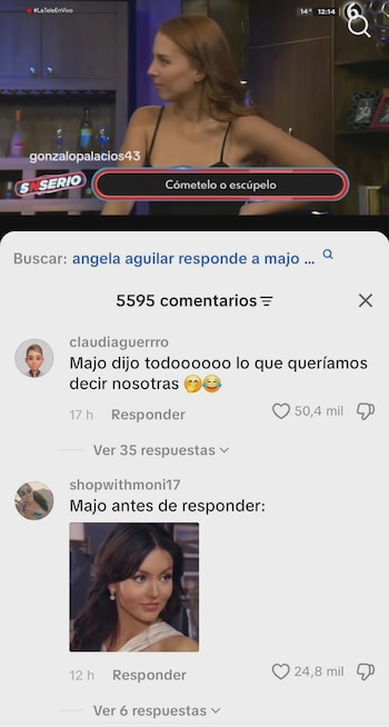 Majo Aguilar en el programa SNSerio, sentada y con el cabello suelto, luciendo un top negro mientras interactúa en el set de televisión