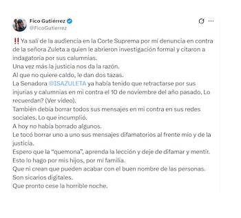 'Fico' Gutiérrez reveló detalles de la audiencia en la que confrontó a Isabel Zuleta