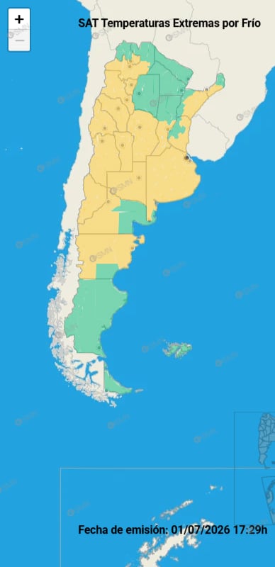 Un mapa del Servicio Meteorológico Nacional de Argentina indica las zonas del país con alerta por temperaturas extremas de frío, con fecha de emisión del 1 de julio de 2026.