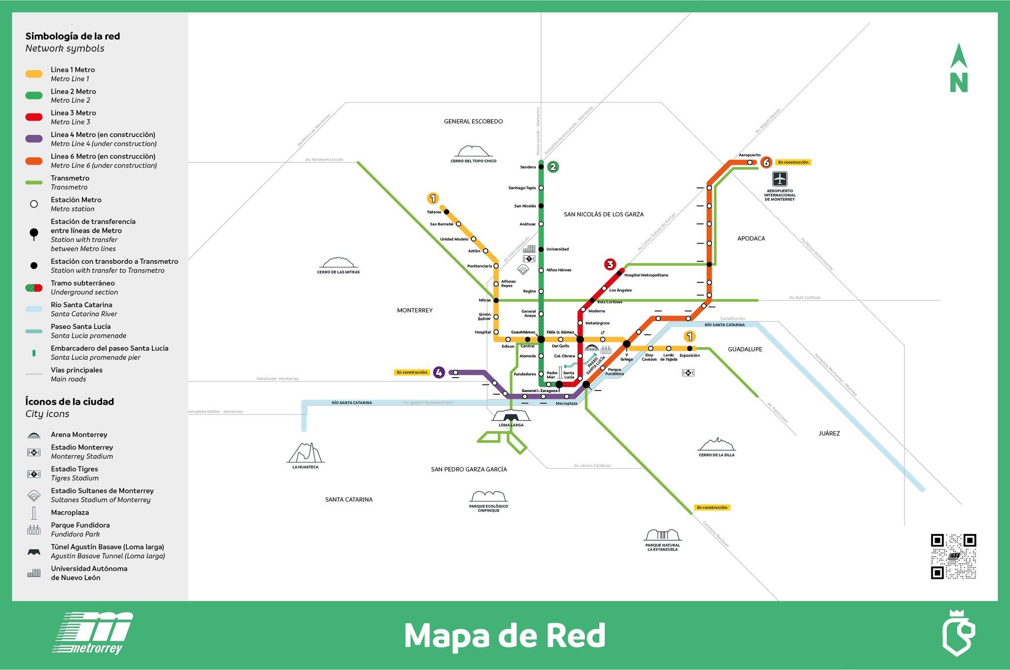 Este mapa de la red de Metrorrey ilustra las líneas de metro existentes y en construcción en Monterrey. (Metrorrey)