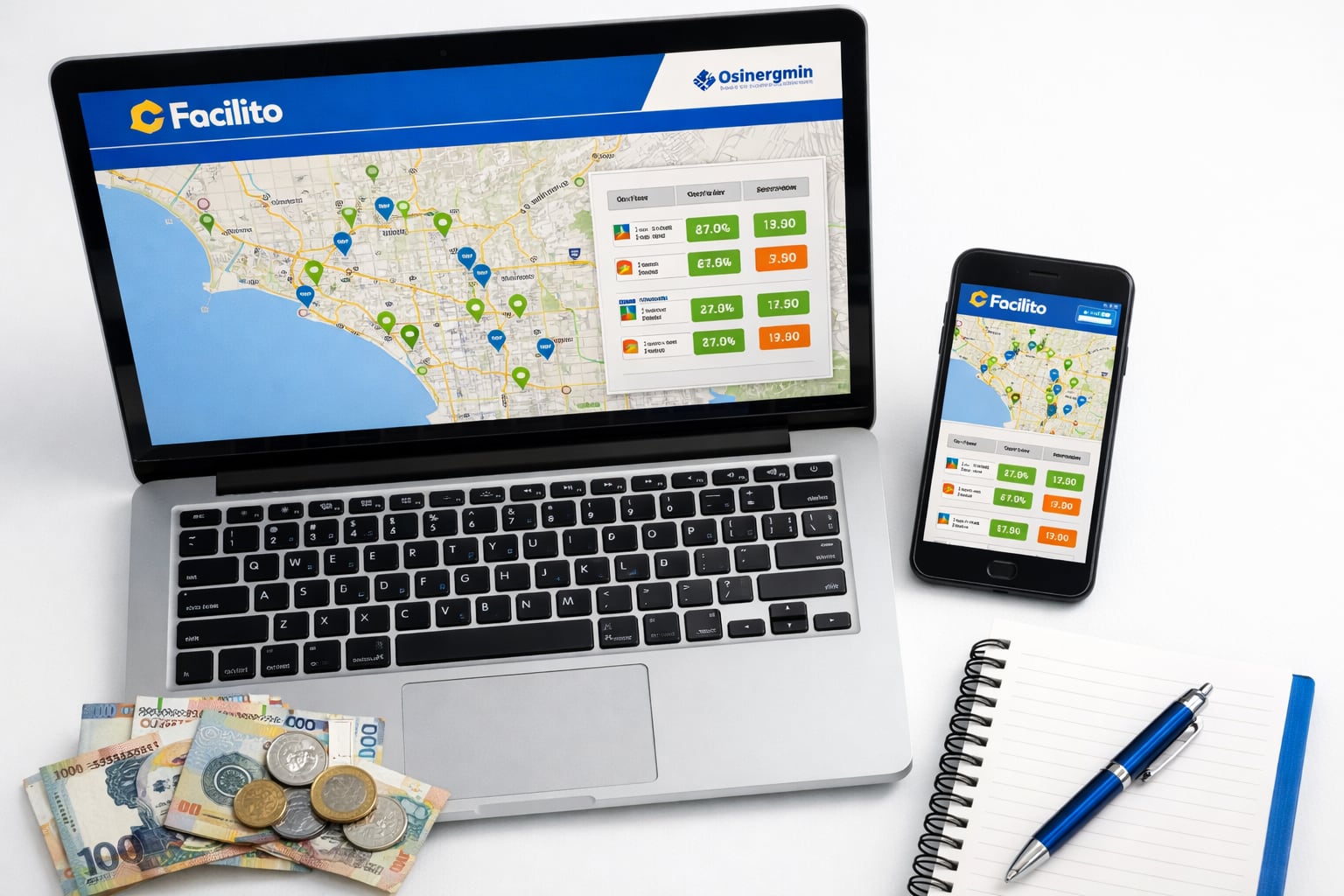 La plataforma digital Facilito, de Osinergmin, muestra en una laptop y un smartphone la comparación de precios de gasolina y diésel en Lima, Perú, con billetes y monedas peruanas sobre un escritorio. (Imagen Ilustrativa Infobae)
