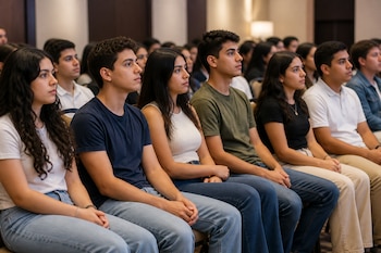 Varias personas jóvenes sentadas en filas de sillas en un salón mirando hacia la derecha.