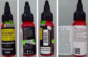 Dynamic Candy Apple Red, tinta de tatuaje fabricada por la compañía Dynamic Color Europe S.L, retirada del mercado.