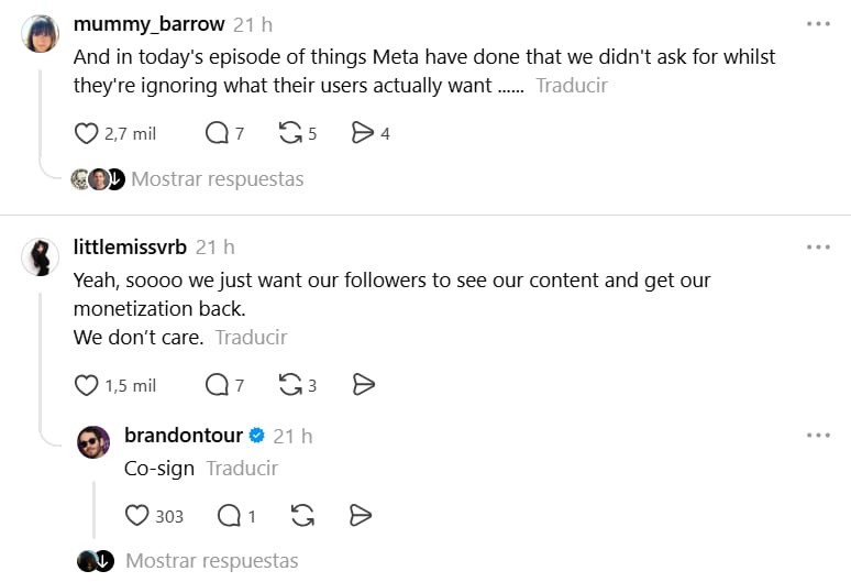 Usuarios de redes sociales expresan su descontento con las acciones de Meta, particularmente sobre la monetización y la visualización del contenido en la plataforma. (Threads)