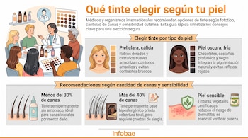 Infografía con ilustraciones de personas, tipos de piel, cabello y productos. Detalla recomendaciones de tintes según fototipo, canas y sensibilidad.