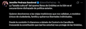 Pedraza cuestionó la orientación planteada por Ordóñez y anunció que llevará el asunto a la Comisión Segunda del Senado, encargada de asuntos relacionados con política internacional - crédito @JenniferPedraz/X