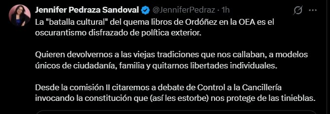 Pedraza cuestionó la orientación planteada por Ordóñez y anunció que llevará el asunto a la Comisión Segunda del Senado, encargada de asuntos relacionados con política internacional - crédito @JenniferPedraz/X