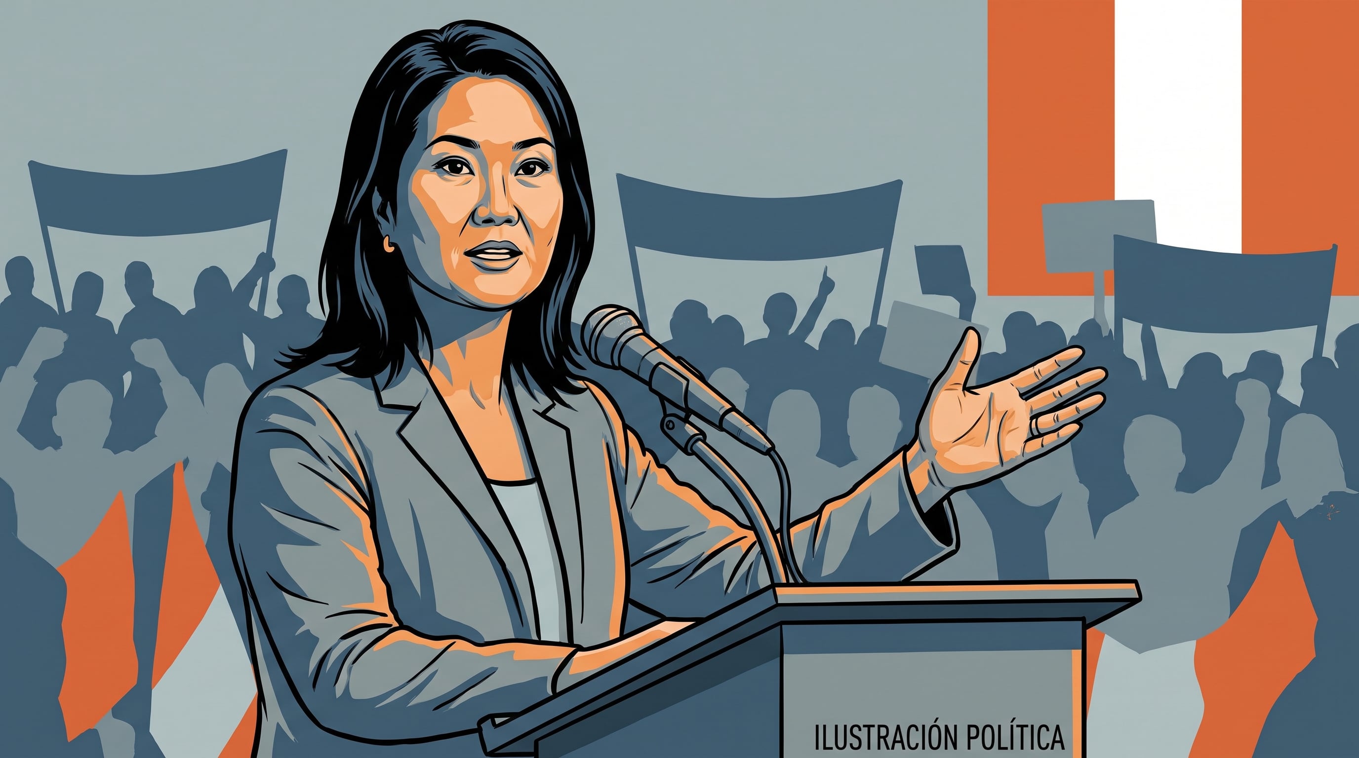 La política peruana Keiko Fujimori pronuncia un discurso en un podio con micrófono ante una audiencia y la bandera de Perú. (Imagen Ilustrativa Infobae)