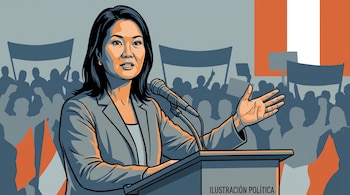 Ilustración de Keiko Fujimori hablando en un podio con micrófono. Al fondo se ven siluetas de personas y la bandera de Perú. Texto: ILUSTRACIÓN POLÍTICA.