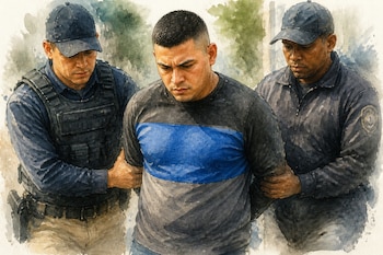 Una ilustración en acuarela representa la detención del presunto capo costarricense conocido como alias Gemelo por parte de dos agentes de seguridad en Medellín - crédito