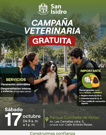 Los perros grandes deberán acudir con bozal y correa para garantizar un manejo seguro durante la campaña - Créditos: Municipalidad de San Isidro.