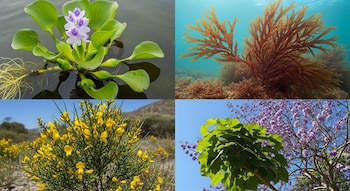 Collage: buchón de agua en superficie, alga Kappaphycus bajo el agua, retamo espinoso con flores amarillas y árbol Paulownia con flores moradas.