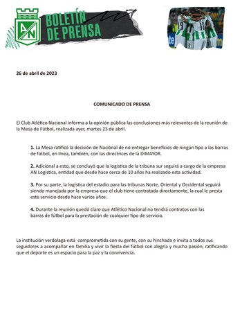 Comunicado de Atlético Nacional sobre