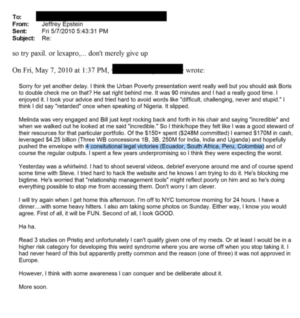 Archivo EFTA01811684. Sobre victorias constitucionales en cuatro países incluido Ecuador.