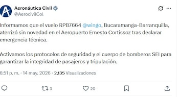 Un vuelo de Wingo completa aterrizaje seguro tras presentar falla de motor rumbo a Barranquilla - crédito @AerocivilCol/X