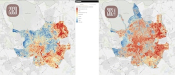 Evolución del mapa de color de Madrid entre los años 2020 y 2024